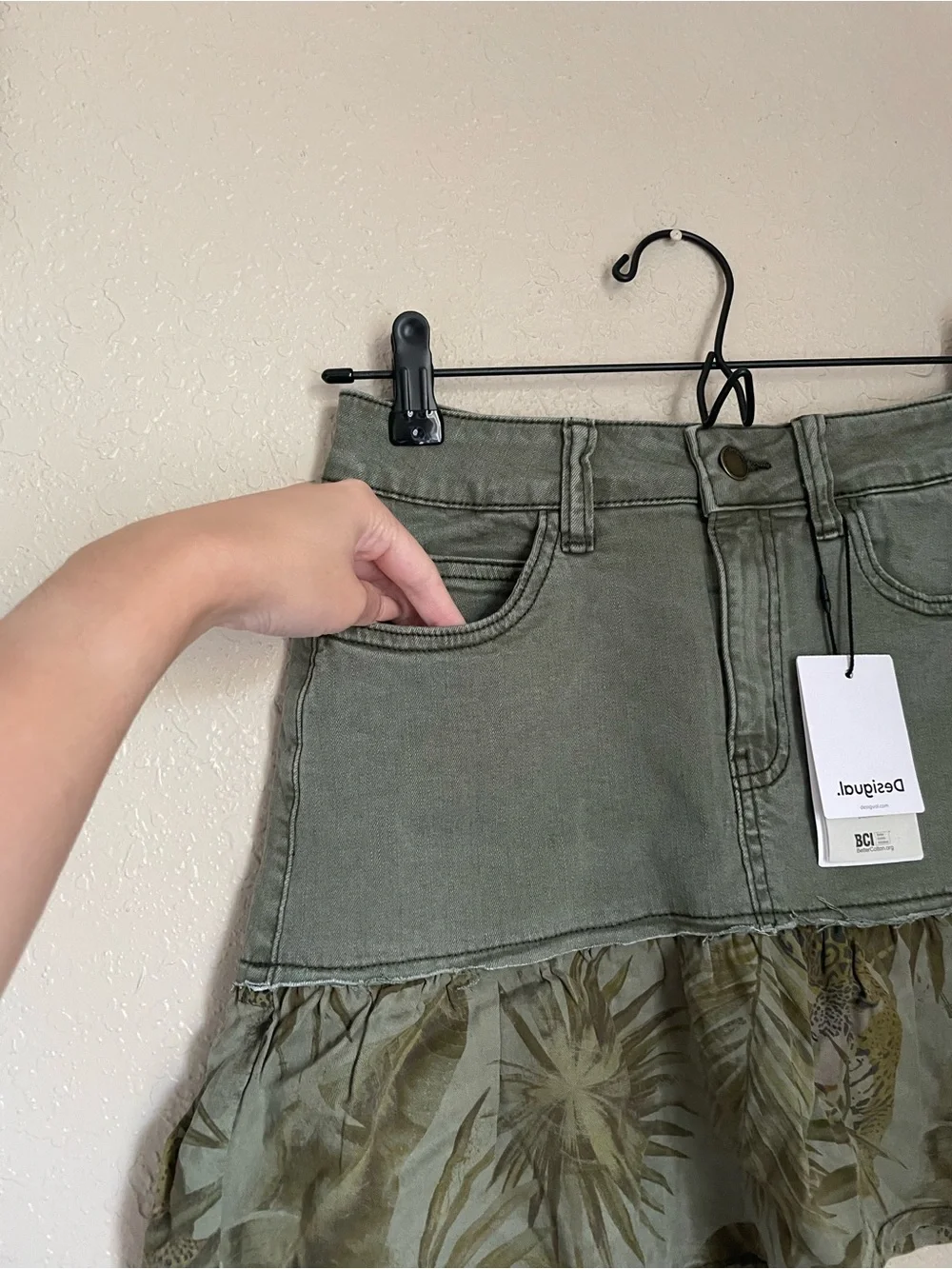 New Desigual Flounce Patchwork Denim Mini Skirt Size US 0/2 Tropical Print Green